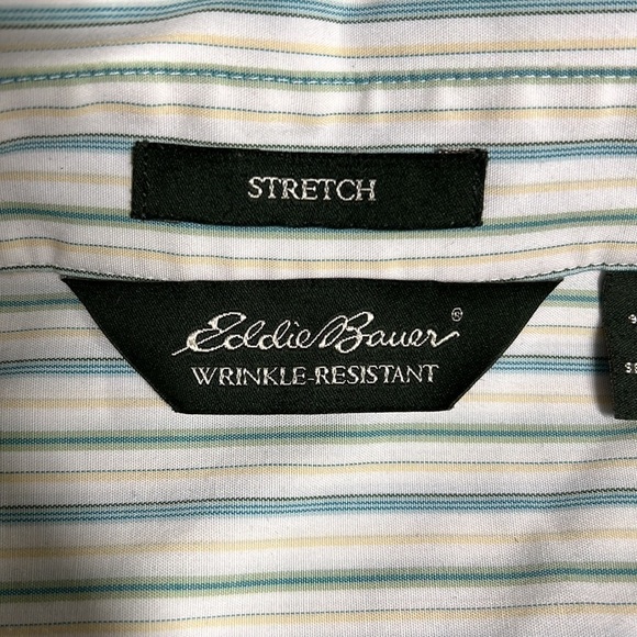 EDDIE BAUER STRETCH WRINKLE RESISTANT XL GREEN YELLOW STRIPED BUTTON FRONT SHIRT - Picture 7 of 8